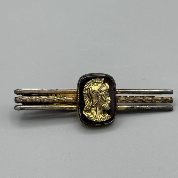 Vtg Hickok USA Tie Bar Clip Worn Gold Tone Pilots Unisex Cameo Roman Warrior 2.5 - Picture 1 of 9